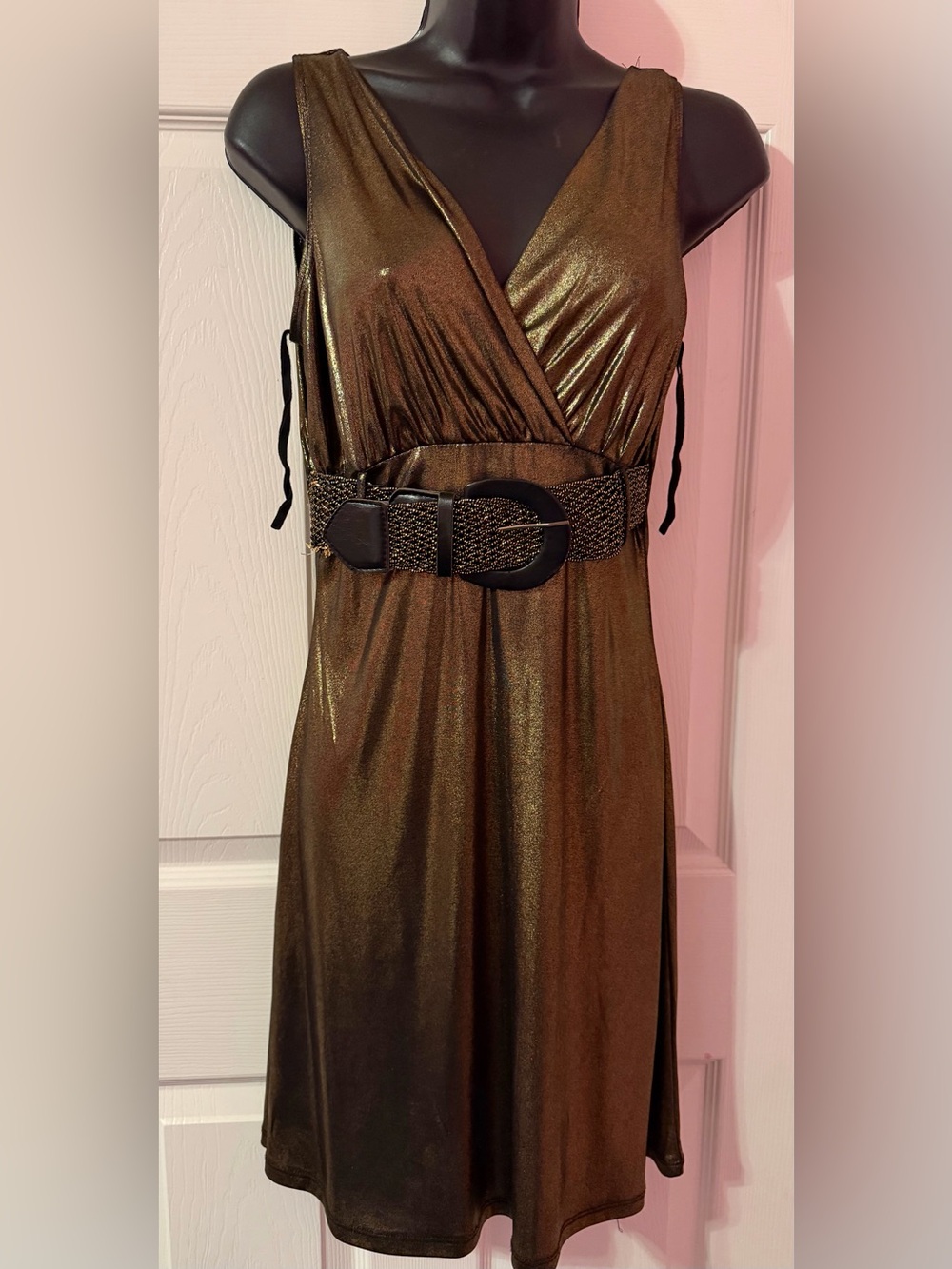 Metallic Gold Sleeveless Midi Dress with Waist Belt